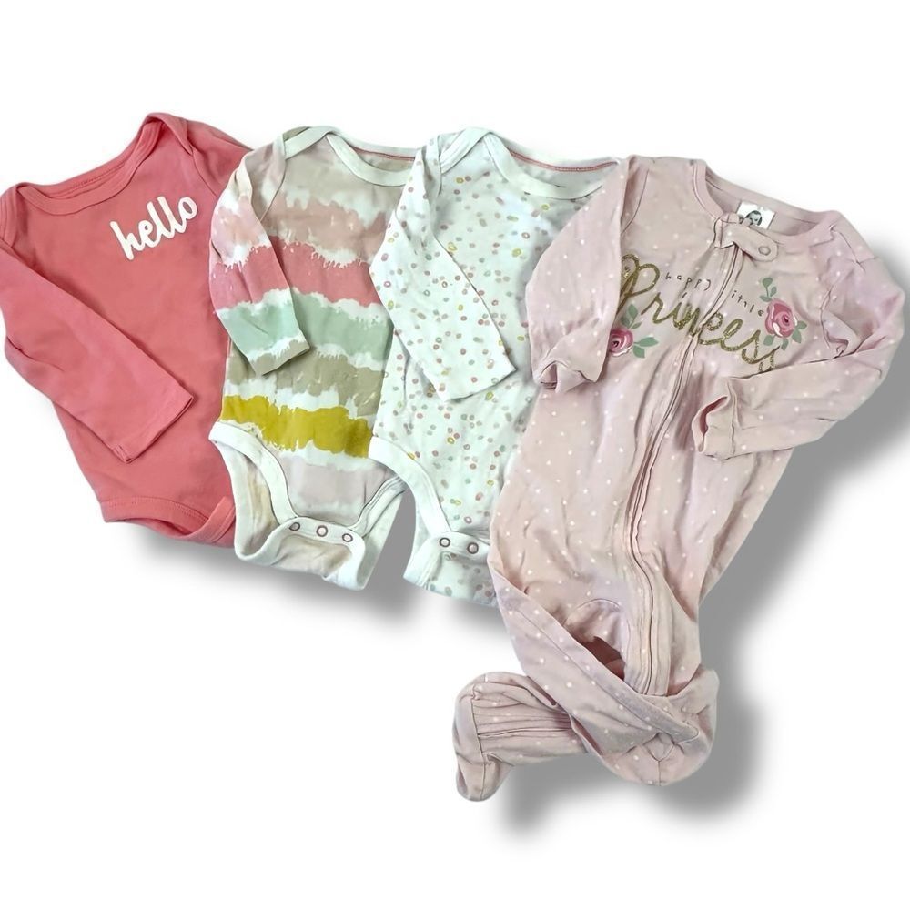 CloudIsland Girls Size 3-6 M 4PC Long Sleeve Bodysuit Bundle‎ Soft Pink Neutrals